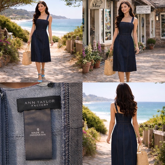 Ann Taylor Factory Denim Midi Dress Dark Wash Sleeveless Fit & Flare Size 0 - Picture 2 of 10